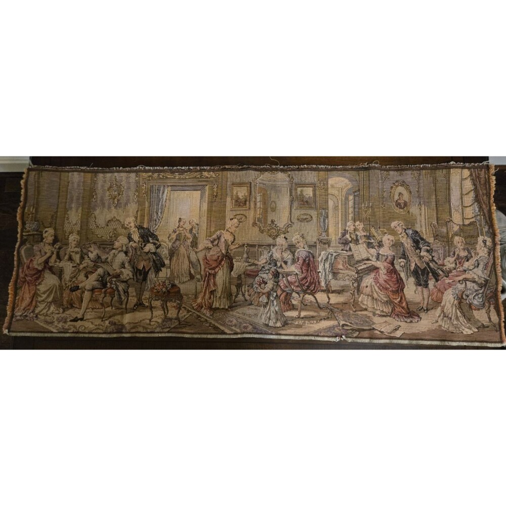 Antique Belgian Tapestry 18th Century French Salon Scene Wall Hanging 52”x18.5”